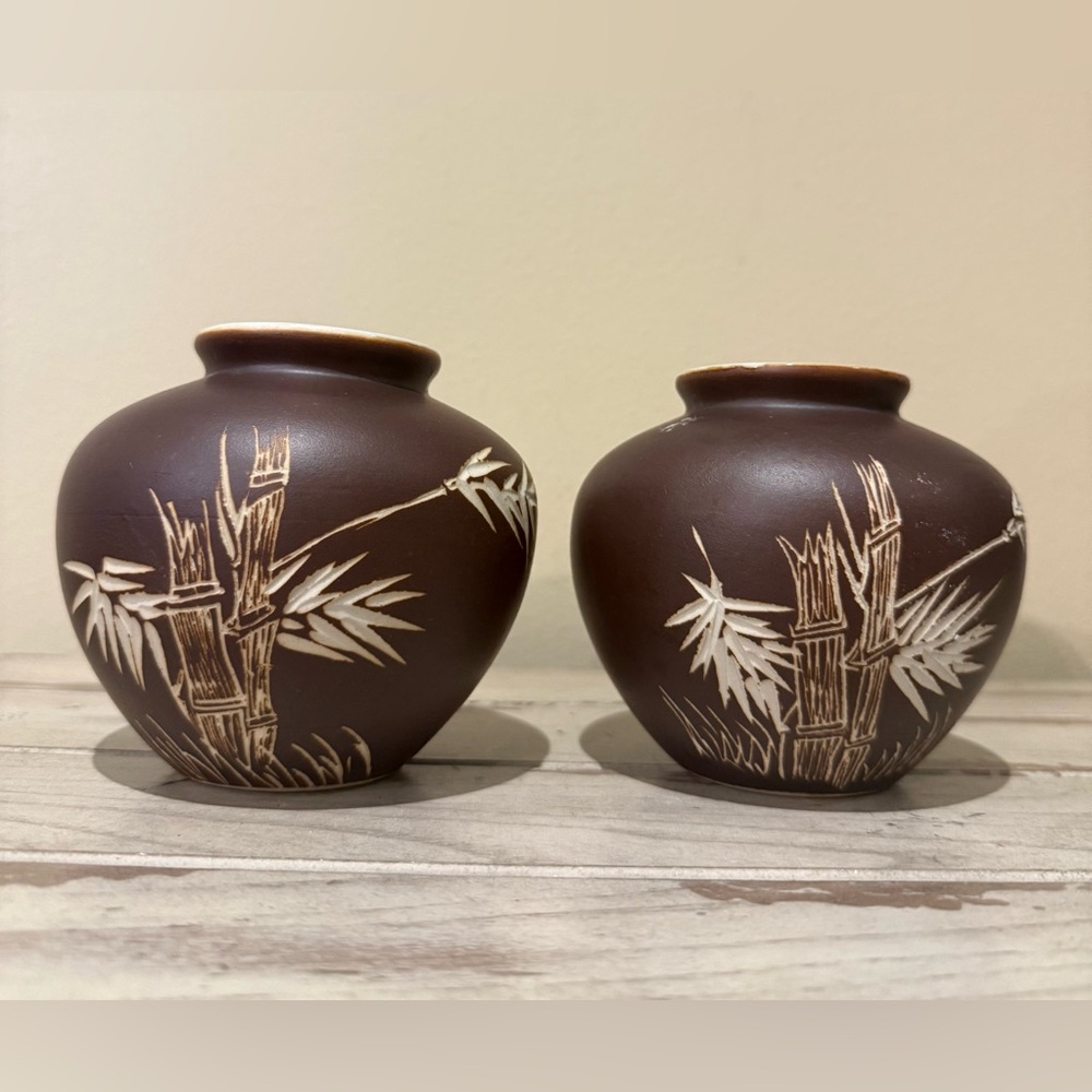 Set of Two Chinese Inspired Etched Bamboo and Bird Design Art Pottery Vases